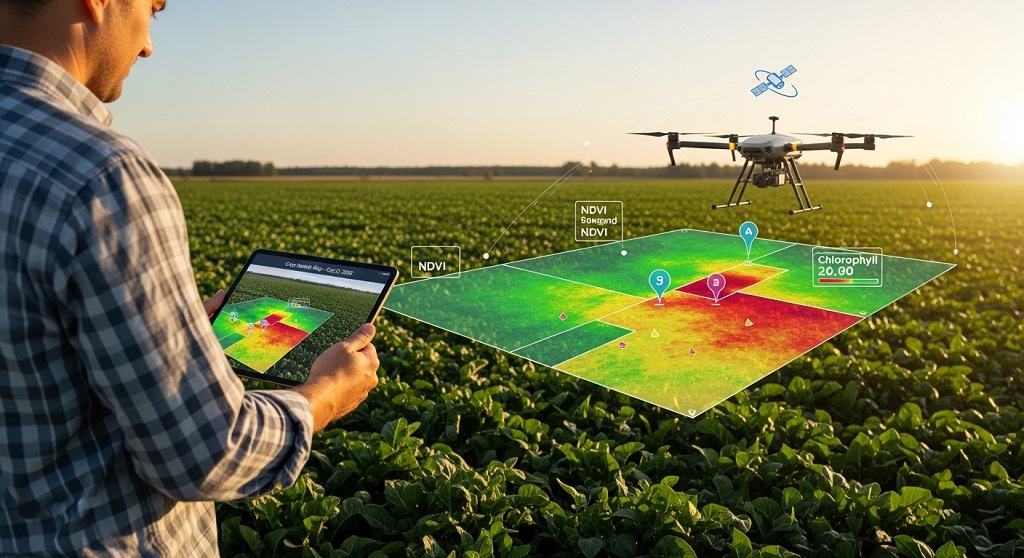 Sentinel-2 satellite imagery comparison of healthy and stressed agricultural crops
