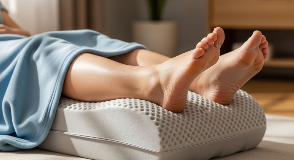 Close-up of swollen ankles being elevated on a memory foam leg pillow as part of home remedies for edema relief