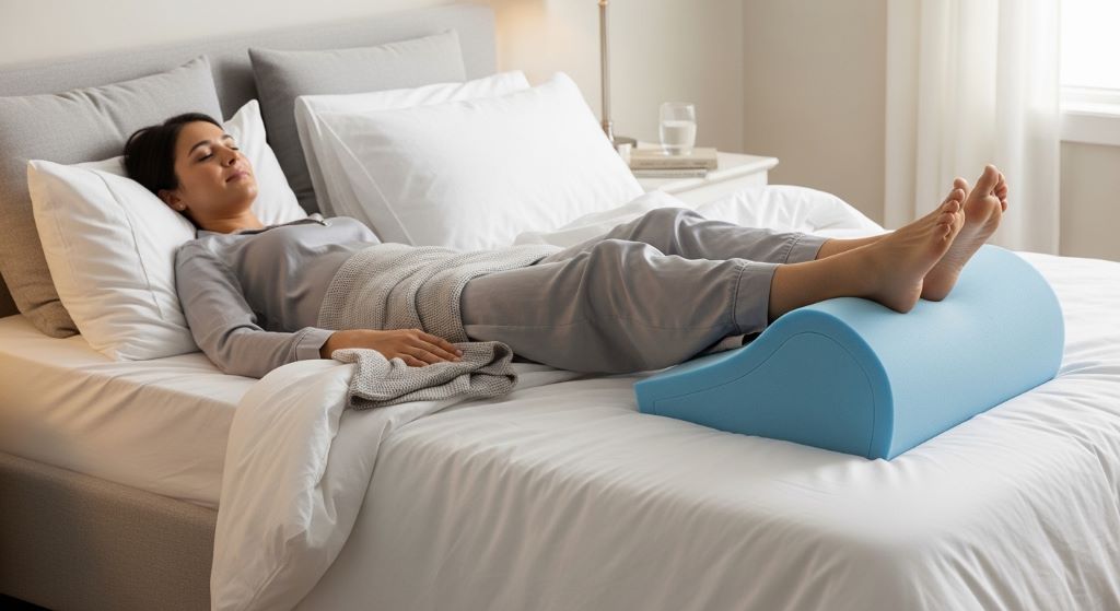 A person resting on a bed with their legs elevated on a wedge-shaped leg support pillow to reduce swelling and edema
