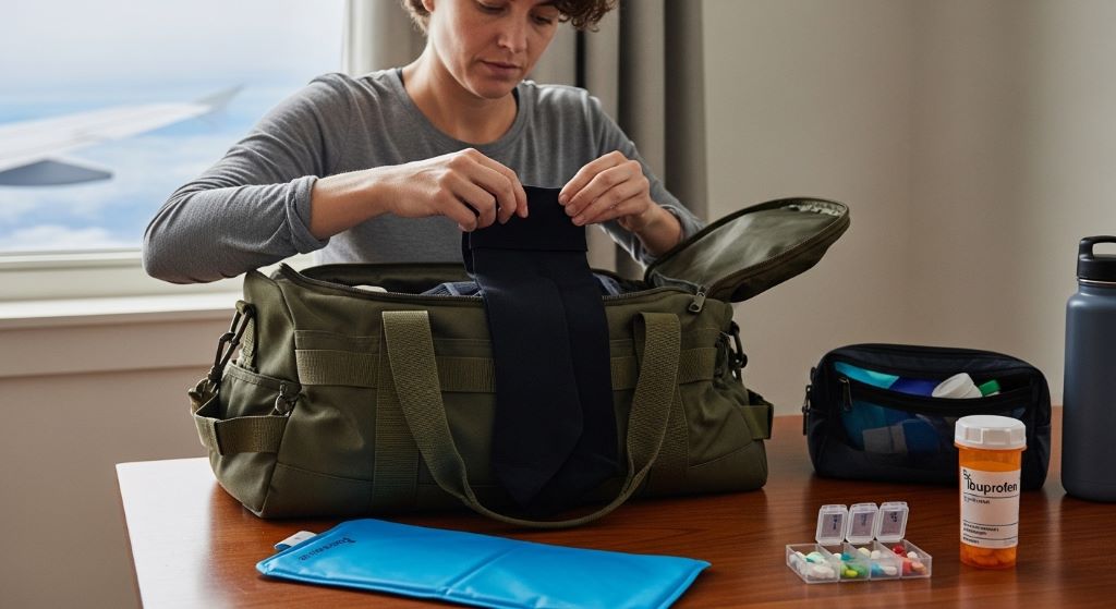 A traveler packing a bag with compression stockings, a cooling wrap, and medications as recovery essentials before a trip after knee surgery