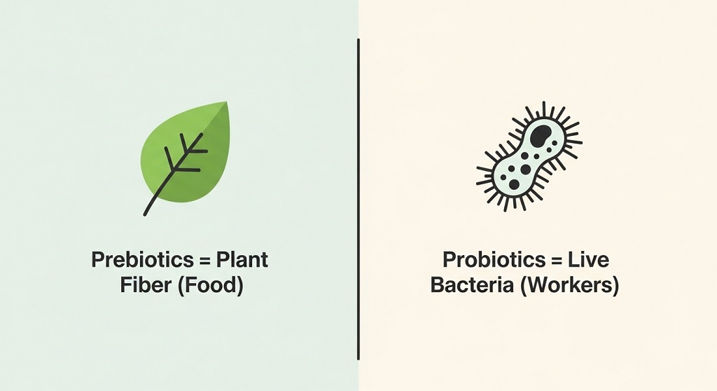 Top-down view of prebiotic-rich foods like leeks, garlic, and bananas next to probiotic yogurt.