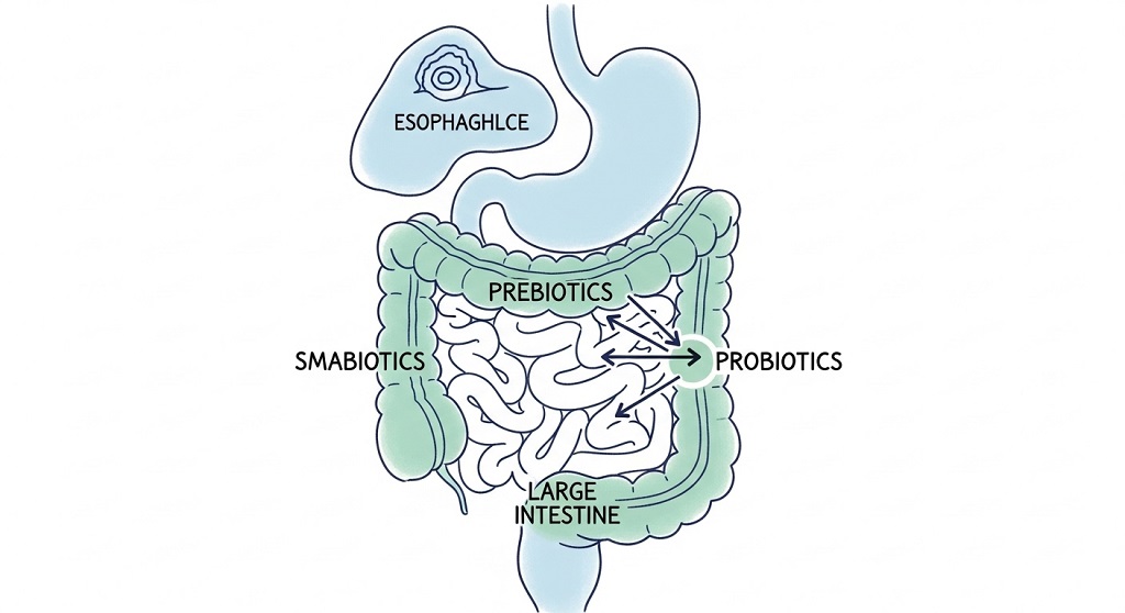 Diagram showing the biological interaction between prebiotic fuel and probiotic colonies in the digestive system.