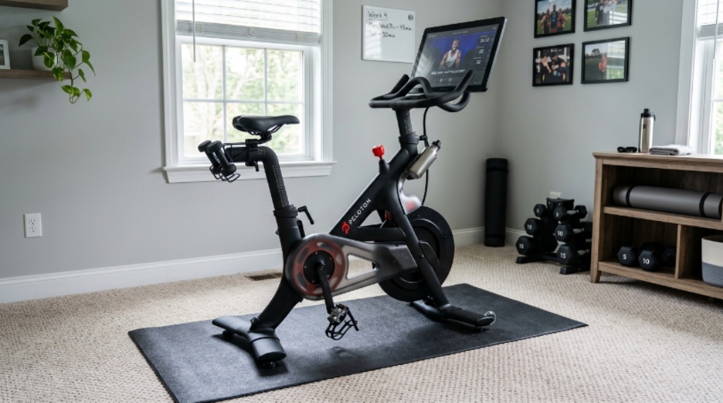 Stationary bike placed on a thick black equipment mat over carpet in a clean home training room