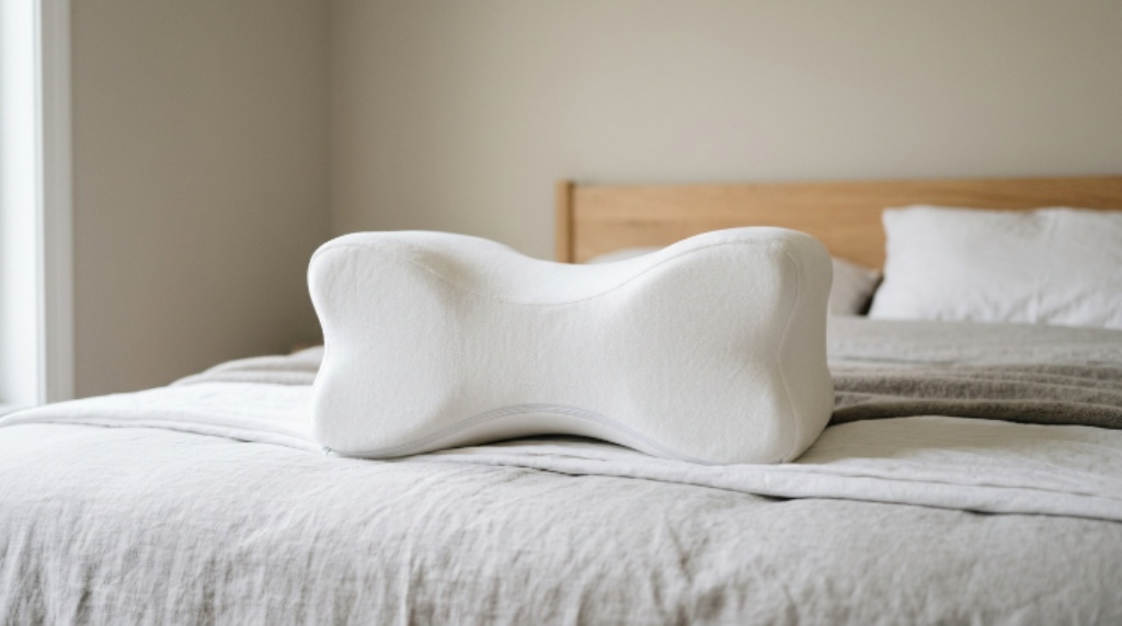 A white memory foam knee pillow resting on a bed against a neutral background showing its hourglass shape