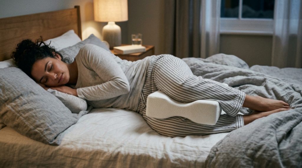 A person sleeping on their side with a contoured memory foam knee support pillow placed between their knees
