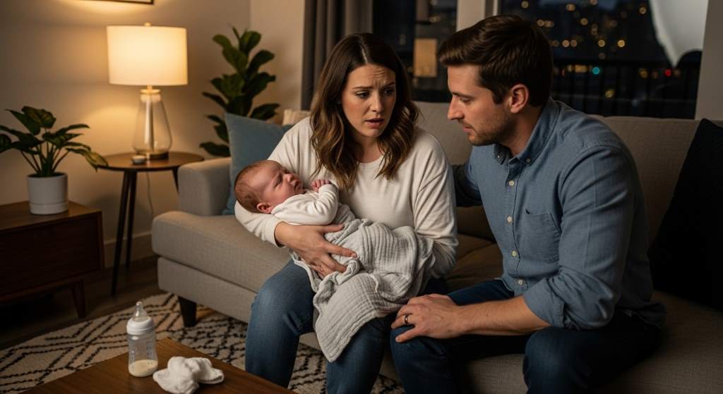 Parent soothing fussy infant during nighttime in Austin Texas