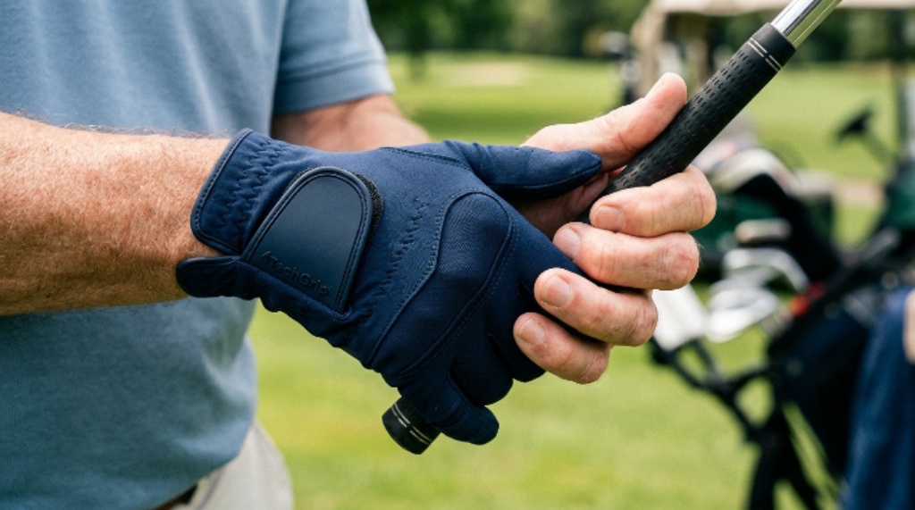 Close-up of arthritic hands wearing compression golf glove for hand pain relief during a golf round