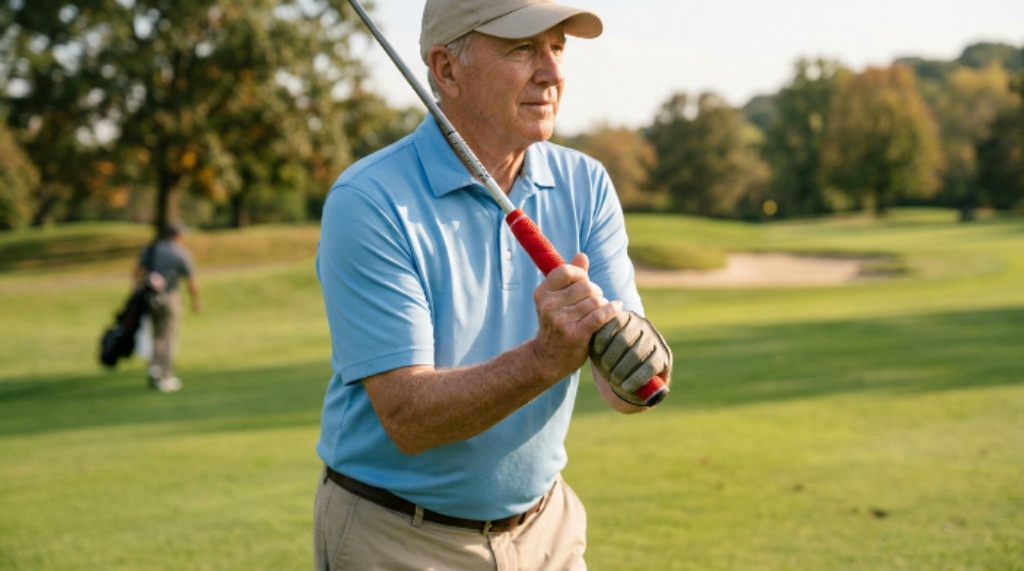Golfer with arthritis using an oversized grip golf club for joint pain relief and grip comfort